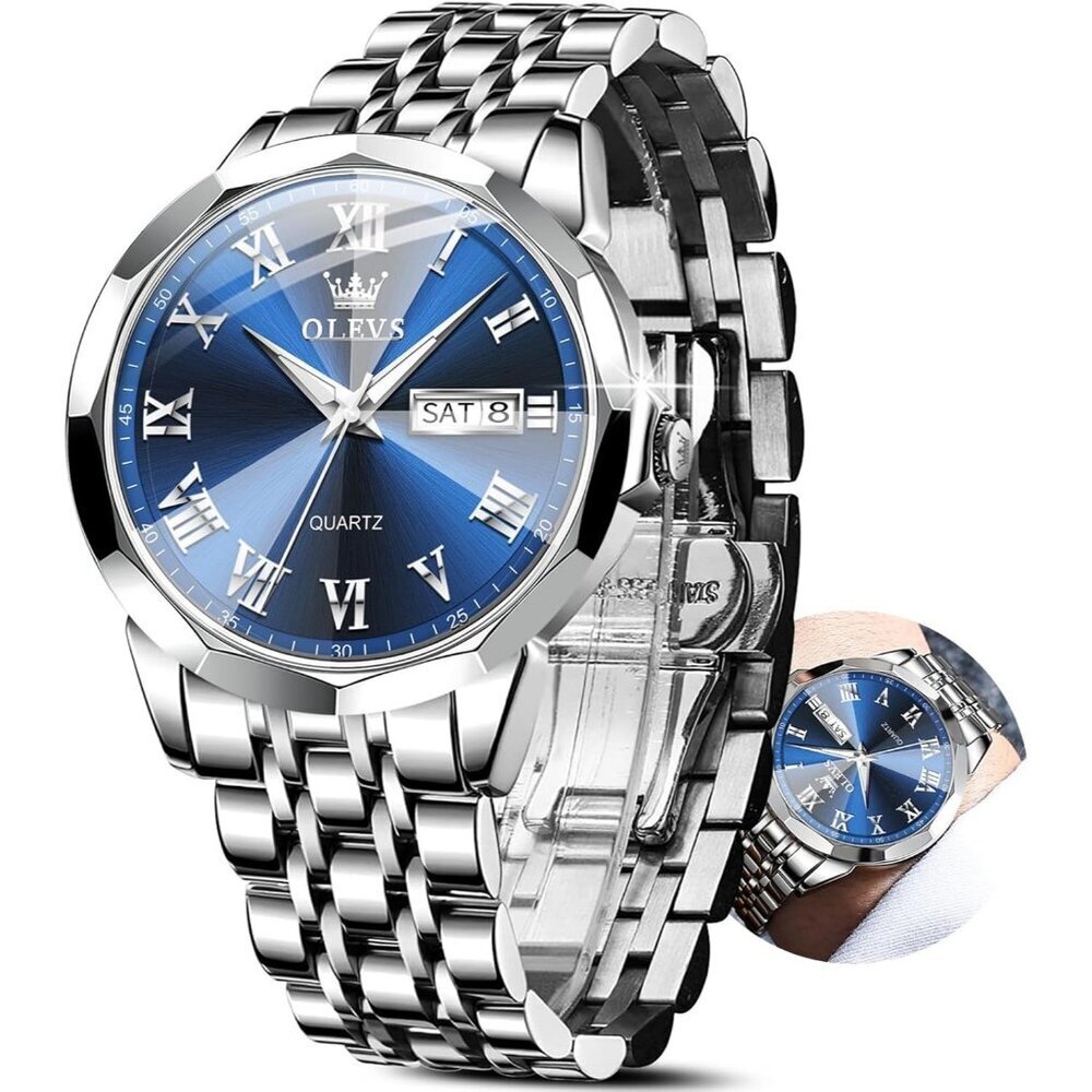 Olevs Men's Silver Blue Steel Stain Waterproof Stainless Luminous Stylish Watch